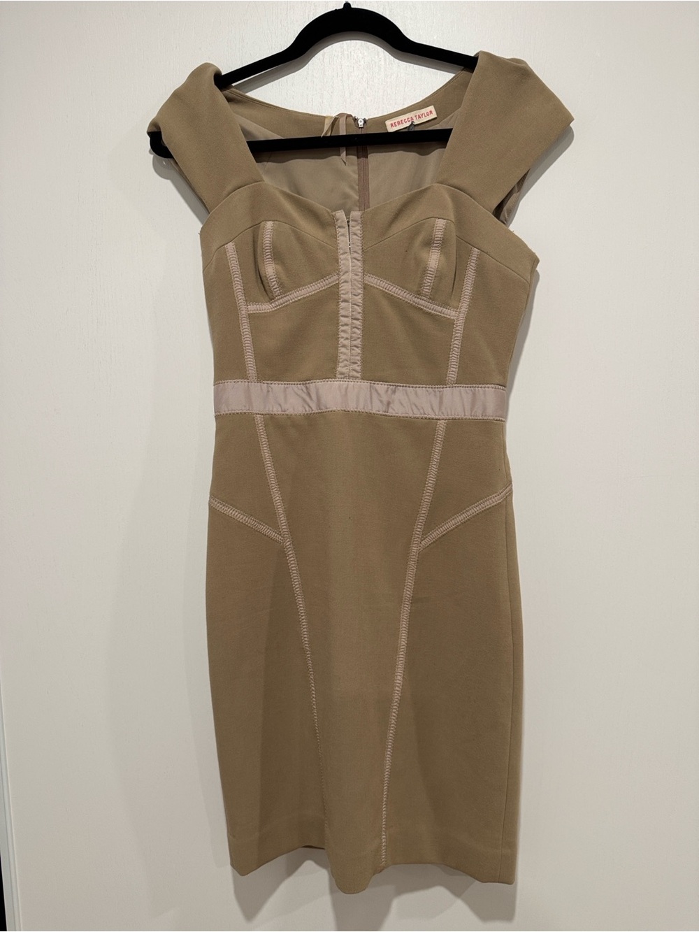 Rebecca Taylor Taupe One-Shoulder Sheath Dress with Contrast Band